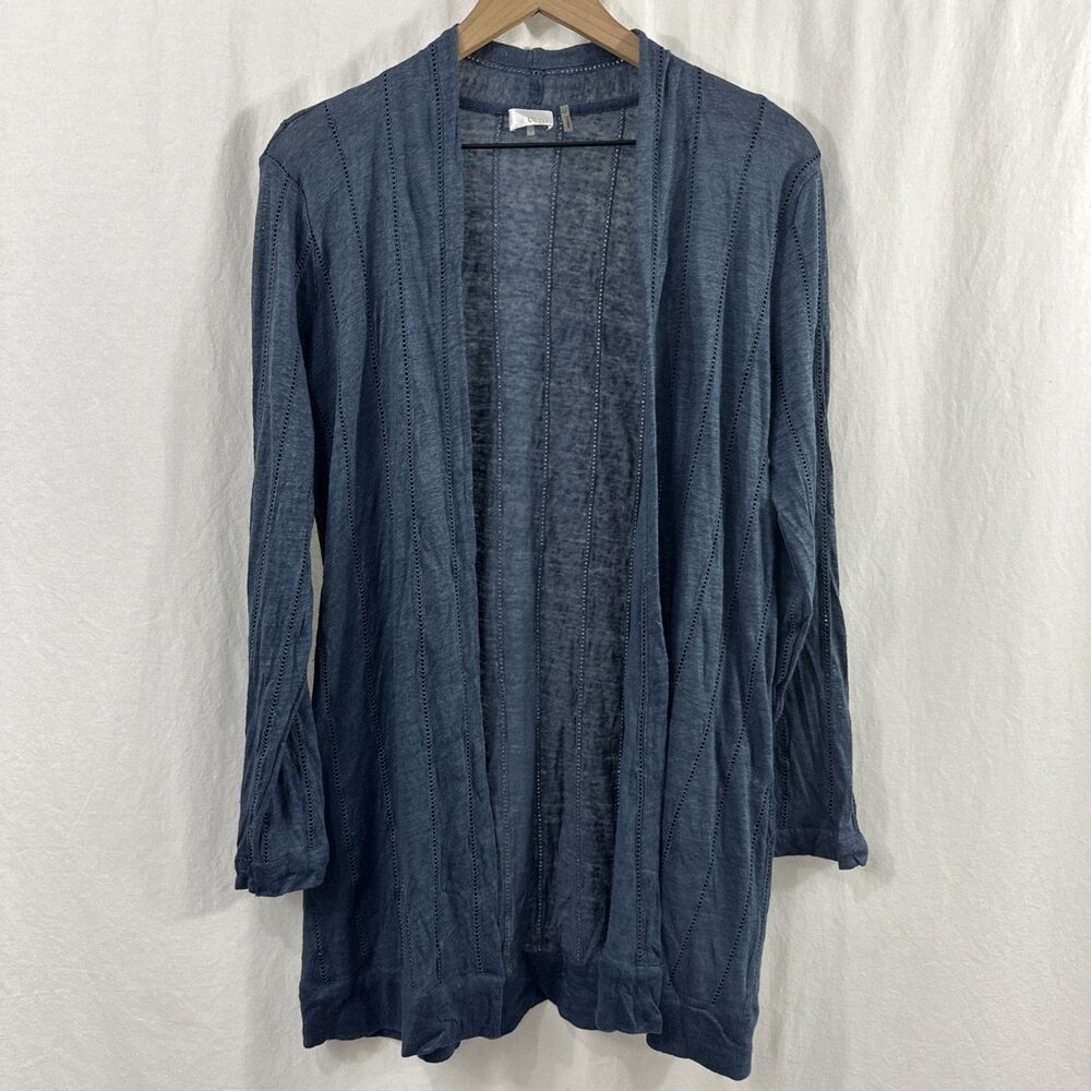 Ecru Blue Eyelet Cutout Open Front Linen Cardigan Womens L Coastal Lagenlook
